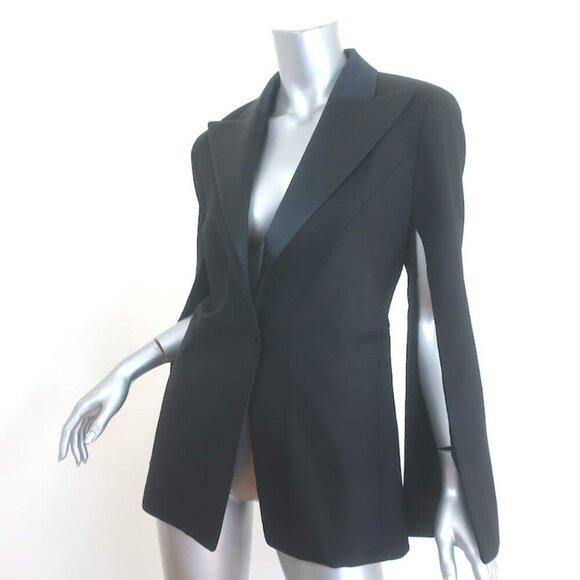 Balmain Satin-Lapel Cape Blazer Black Stretch Wool Size 42 One-Button Jacket - Picture 3 of 8